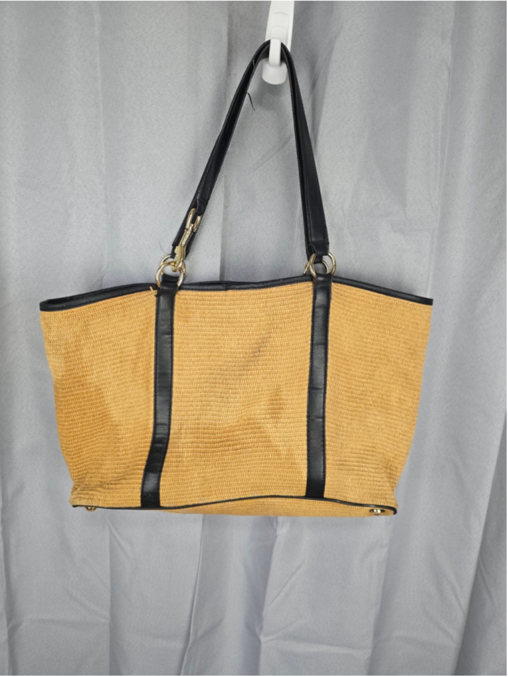 Michael Kors Straw Woven Tote Bag Tan Black Leather Trim Gold Hardware